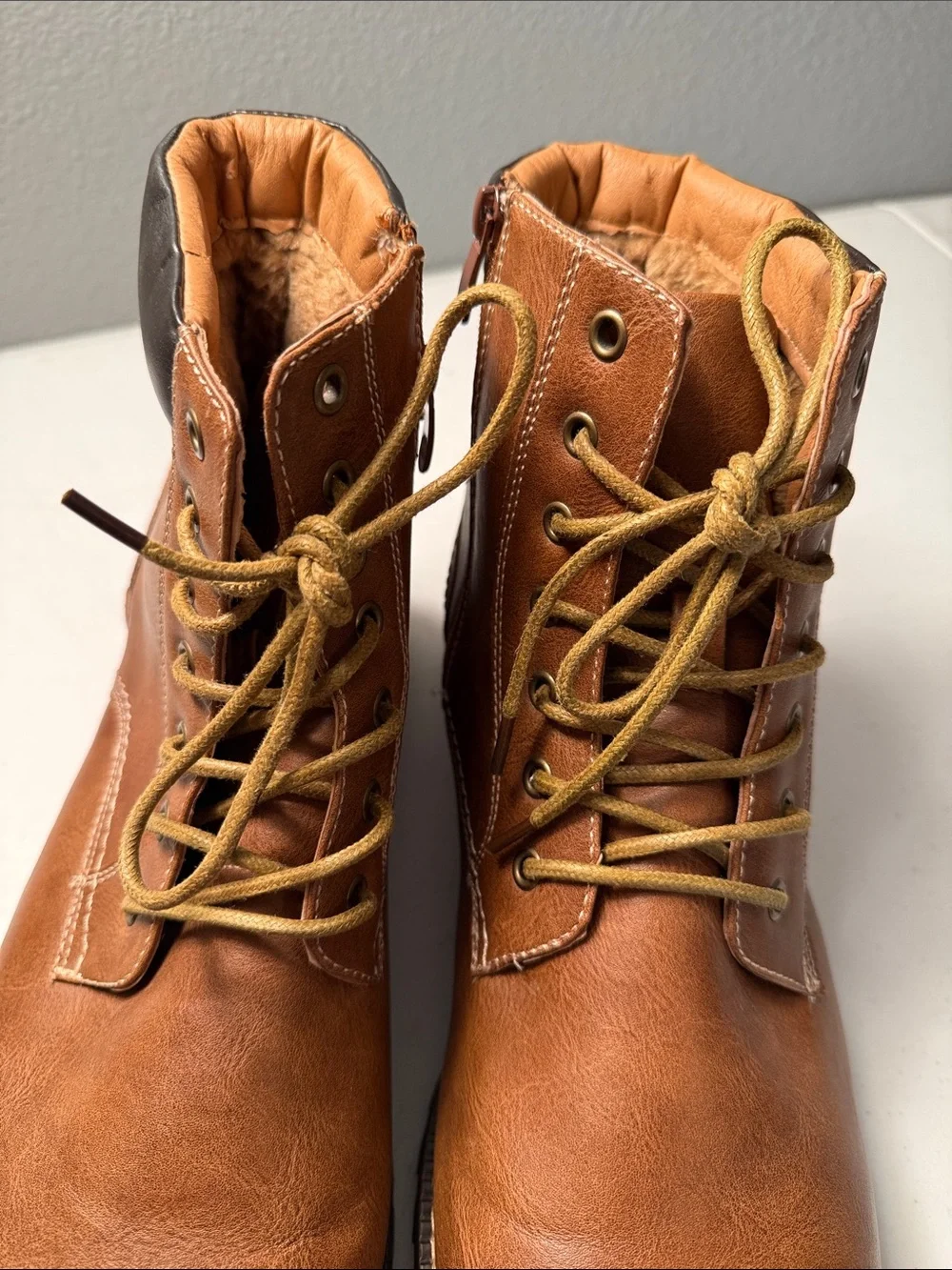 Men's Tan Lace-Up Faux Leather Boots with Fur Lining